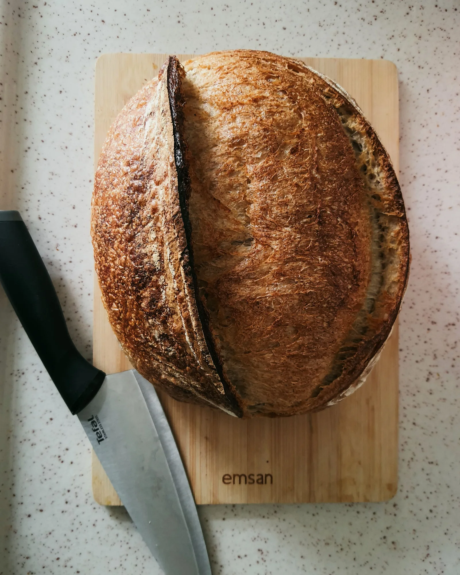 Pagnotta di Pane di Matera IGP appena sfornata, con la caratteristica crosta dorata e croccante